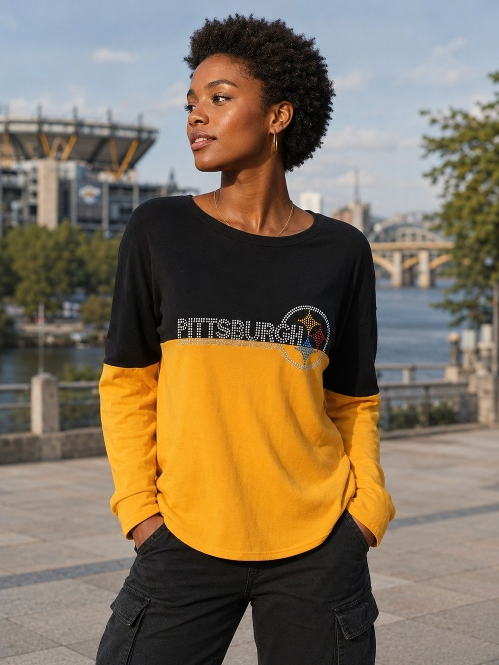 Pittsburgh Steelers Studded Colorblock Top – Large Marvel Fashions